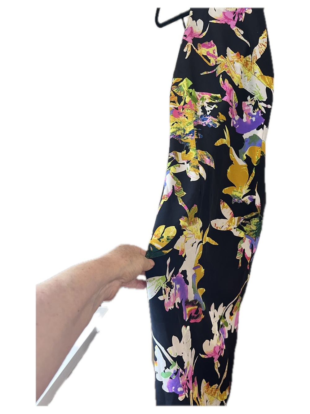 Yumi Kim Silk Black Midi Slip Dress with Multicolor Tropical Floral Print
